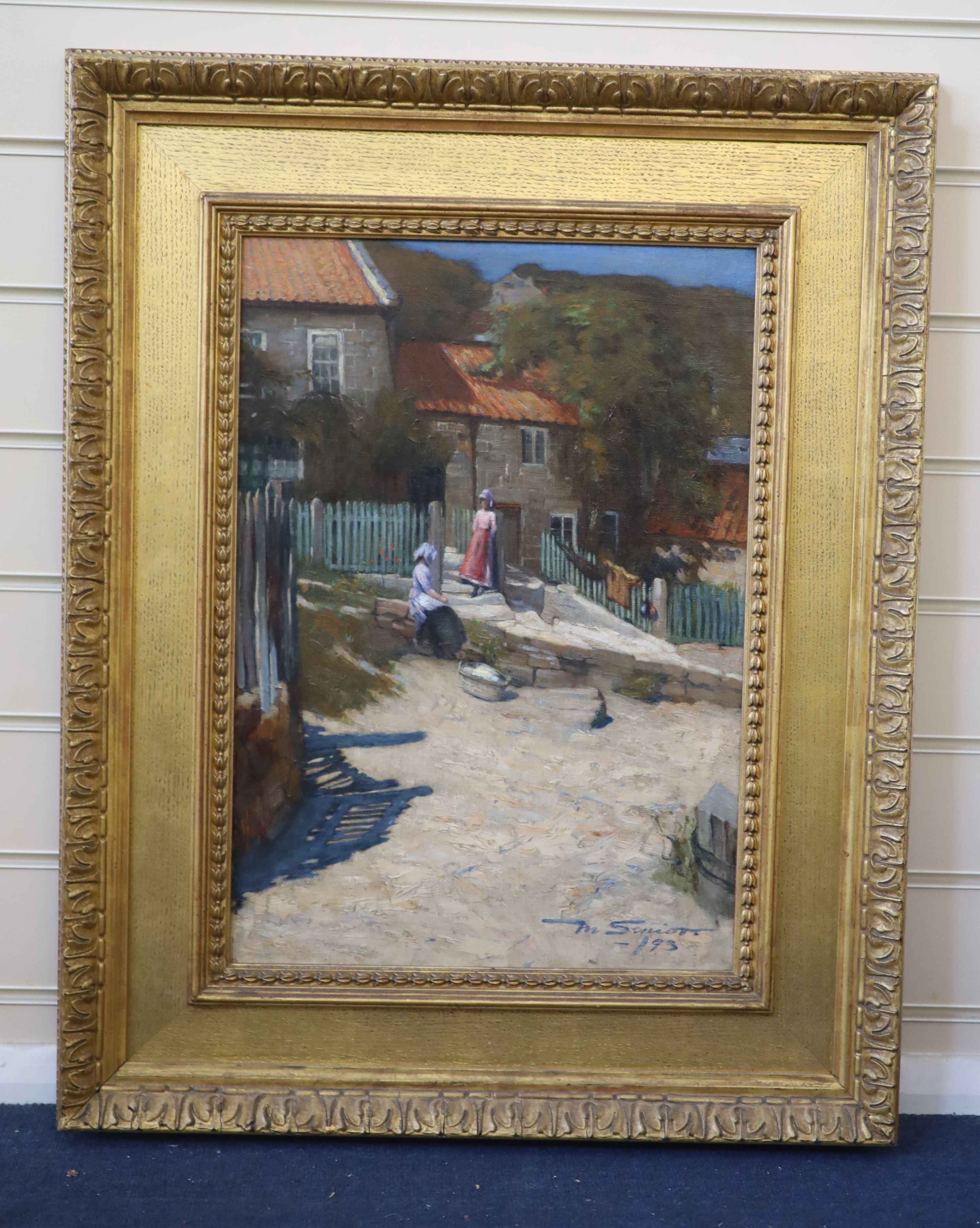 Mark Senior (1864-1927), Figures outside the artists cottage in Runswick Bay, Oil on canvas, 50 x 35cm.